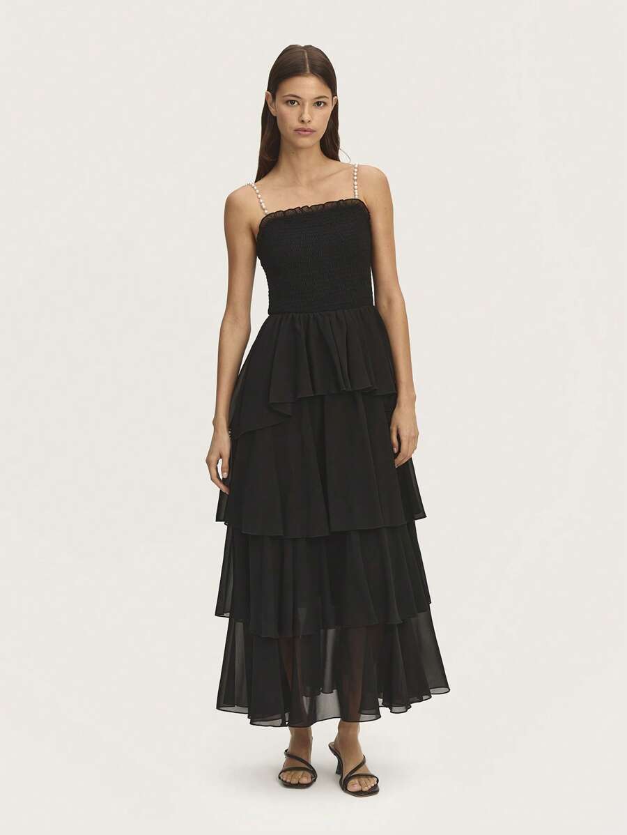 Nöista Đầm Maxi Nhiều Lớp, Áo Sơ Mi, Dây Xích, Màu Trơn, Xuân Hè - màu đen - Xem 1