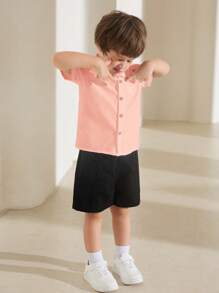 SHEIN 小男孩纯色短袖单排扣休闲时尚衬衫 - 藕粉色 - 查看 5