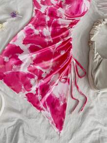 Soleia Vacation Casual Halter Drawstring Asymmetric Hem Tie-Dye Bodycon Dress - Pink - View 6