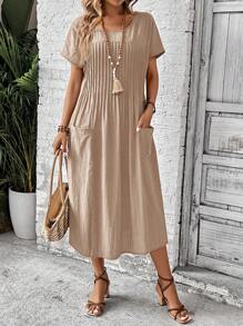 EMERY ROSE Women's Round Neck Short Sleeve Solid Color Pocket Minimalist Casual Dress