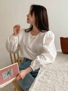 DAZY Women Solid Color Daily Wear Puff Sleeve Blouse,Fall Clothes Long Sleeve Top - White - View 8