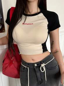DAZY Áo thun nữ cổ tròn phối màu mùa hè, áo crop top nữ - Nhiều màu - Xem 8
