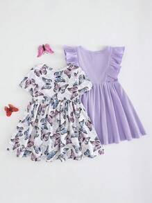 Cozy Pixies Set de 2 vestidos con cintura para bebé niña con estampado floral y unicolor, de cuello redondo y manga corta