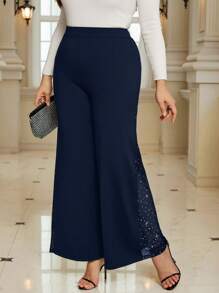 SHEIN Tall CURVE Plus Size Elegant Commuter Sequin Patchwork Wide Leg Pants - Navy Blue - View 3