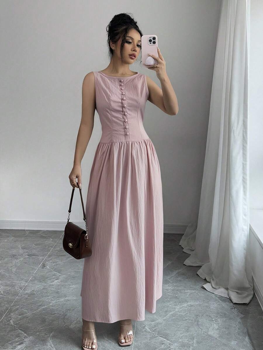 Modelyn Women's Solid Color Round Neck Sleeveless Front Button Simple Casual Dress - Pink - View 1