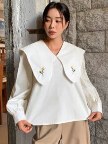 DAZY Floral Embroidery Statement Collar Lantern Sleeve Blouse Long Sleeve Top