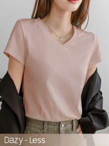 Dazy-Less 女士纯色 V 领短袖 T 恤，夏季复古风格商务休闲女士工作服 - 藕粉色 - 查看 6