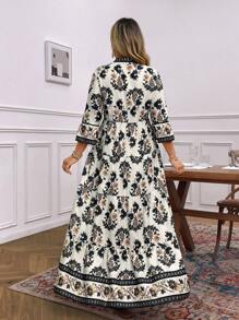 SHEIN LUNE Plus Size Women Floral Print V-Neck 3/4 Ruffle Sleeve Casual Vacation Dress Sun Dress Holiday Festival