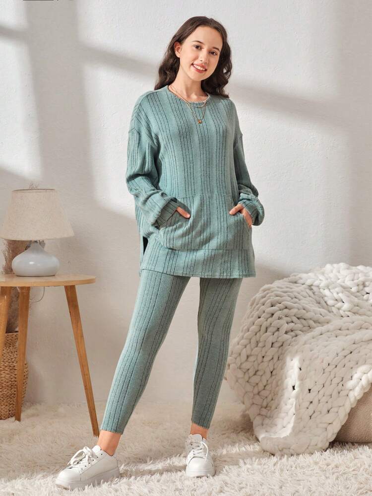 Teen Girls Drop Shoulder Split Hem Top & Leggings Set