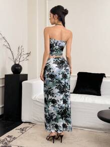 EastFlair 2pcs/Set Women Floral Print Sleeveless Top And Slim Fit Mini Skirt Set, Vacation  Women Casual Dress Women Short Dresses Summer Women Birthday Outfit Women S Clothes Women Dresses Elegant Gown