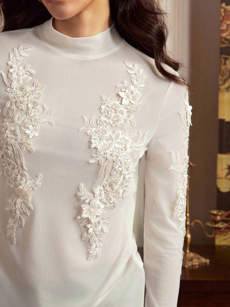 Elegant Sexy Mesh Semi-High Collar Top With Faux Pearl Rhinestone & Sequin Floral Decor, Women For New Year, Festival, Vacation