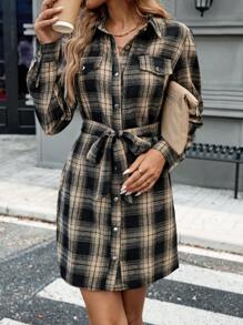 SHEIN LUNE Vintage Plaid Shirt Collar Button-Front Mini Dress With Self-Tie Belt, Elegant Commuter Dress For Women, Warm For Fall & Winter