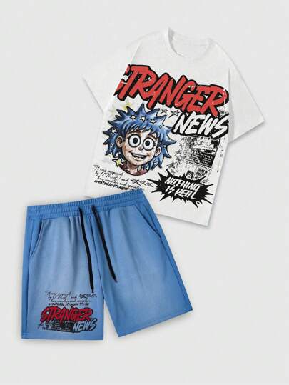 1 Set Men Slogan & Cartoon Pattern Short Sleeve T-Shirt And Drawstring Waist Shorts Casual Outfit