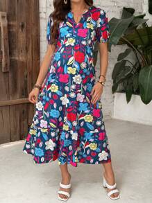 SHEIN Elegant Maternity V-Neck Midi Floral Print Beach Vacation Dress For Women - Multicolor - View 4