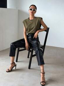 DAZY Solid Shoulder Pad Tee - Army Green - View 4