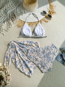 Teen Girls Bikini Sets Fashion, Leisure, Elegant Blue Flower Knitted Bikini 3 Pieces Set With Mesh Skirt Strap, Embracing Craftsmanship, Thin Style Suitable For Vacation, Summer Swimming - Multicolor - View 2