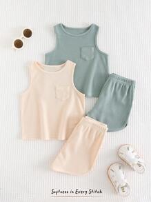 Cozy Pixies 4pcs Baby Boy Set - Solid Color Knitted Soft Round Neck Sleeveless Vest And Elastic Waist Shorts
