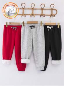 3 件套年轻男孩休闲宽松保暖内衬长款针织运动裤，白色、红色和黑色，适合秋冬季 - 彩色 - 查看 5