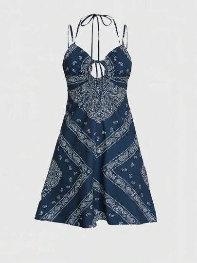 Hippie Paisley Print Tie Front Cami Dress For Summer Vacation