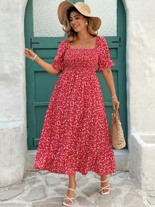 SHEIN Clasi Plus Size Women Summer Elegant Vacation Puff Sleeve Front Pleated Red Ditsy Floral Dress,Summer Outfits For Women Vacation Outfits Woman,Suitable For Workplace, Afternoon Tea, Date, Concert, Party, Retro College Style,Holiday,Summer Outfits For Women,Beach Outfits For Woman,Vacation Outfits Women,Sun Dress,Sun Dress,Rave Outfits Festival/Concert Outfit Women/ Rave Outfits/Country Concert Outfit/Nashville Outfits/Coachella Outfits/Ibiza Outfits