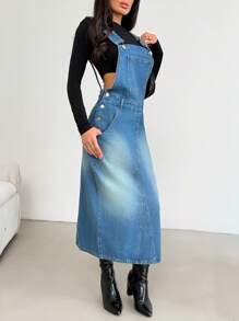 EURMUSE Sukienka ogrodniczka z jeansu oversize dla kobiet - Średni jeans - Zobacz 1