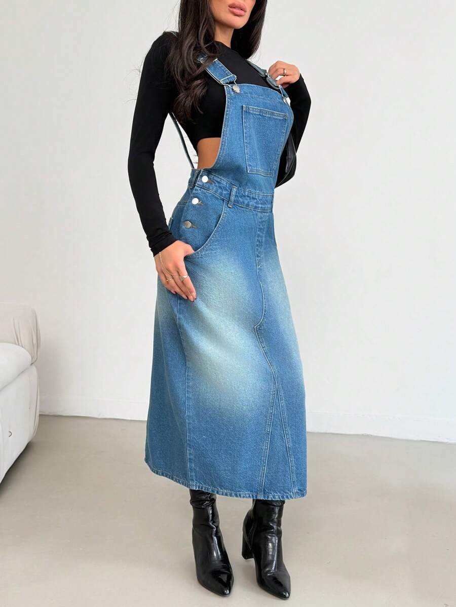 EURMUSE Sukienka ogrodniczka z jeansu oversize dla kobiet - Średni jeans - Zobacz 1