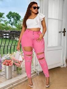 SHEIN SXY Quần Jeans Skinny Co Giãn Màu Hồng Thời Trang Gợi Cảm Cho Nữ Cỡ Lớn - Hồng - Xem 2