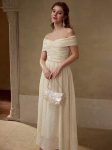 MOTF PREMIUM CHIFFON RUCHED OFF SHOULDER DRESS - Apricot - View 6