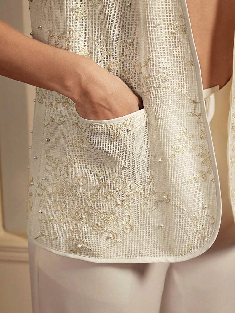 Anewsta Elaire Pearl & Crystal Embellished Sleeveless Faux Pocket Elegant Textured Fabric Women Jacket, Suitable For Festival, Going Out, Old Money Style, Spring/Summer