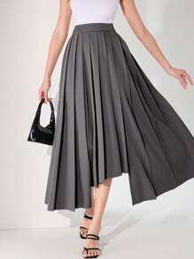 Modelyn Women Casual Commuting Solid Color Pleated Asymmetric Hem Skirt Summer For Women Airport For Women Old Money Style Women Skirt