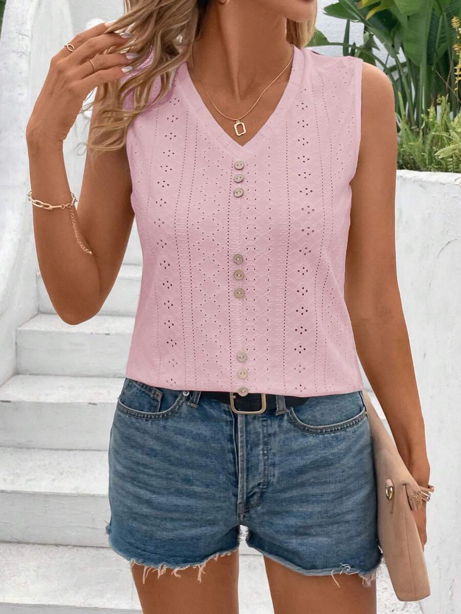 EMERY ROSE Women's V-Neck Geometric Hollow Out Jacquard Knitted Tank Top With Front Central Button Closure - Pink - View 1