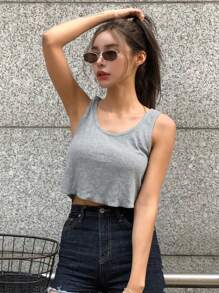 DAZY Solid Ribbed Knit Tank Top,Back To School Clothes - Grey - View 6