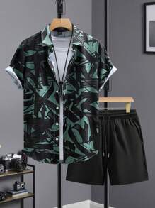 Manfinity RSRT Men's Casual Contrast Color Print Short Sleeve Shirt And Shorts Set - Multicolor - View 1