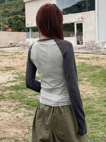 DAZY Letter Graphic Raglan Sleeve Crop Tee,Fall Clothes Long Sleeve Women Tops - Grey - View 6