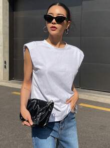 DAZY Solid Shoulder Pad Tee - White - View 4
