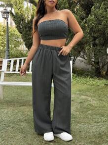 SHEIN EZwear Conjunto de 3 piezas de talla grande: Camisa de hombros abiertos con estampado ondulado de jacquard, pantalones y chaleco, casual para primavera/verano
