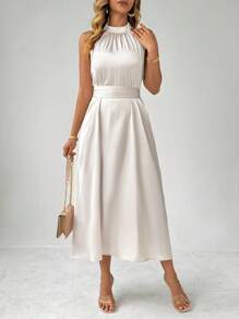 Celure Plus Size Women's Dress, Elegant Satin Fabric With Comfortable & Skin-Friendly Bestselling Material, Solid Color, Small Stand Collar Waist Tied Belt Slimming And Elongating, Bowknot Decoration At Back Waist, Sleeveless, Simple & Fashionable For Party, Suitable For New Year's Day Daily Commute, Shopping And Entertainment, Wedding And Banquet, Comfortable Fabric, High Cost-Performance
