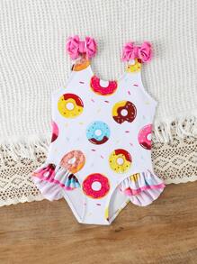 SHEIN 1pc Girls' One-Piece Swimsuit With Random Floral Print & Ruffled Trim - Multicolor - View 4