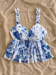 Soleia 女士节日风格蓝白水彩花卉印花雪纺百搭无袖上衣，适合毕业典礼、婚礼、可爱的夏季午餐会，分层荷叶边下摆 A 字短款吊带背心 - 藍白色 - 查看 5