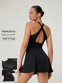 GLOWMODE Vestido con shorts incorporados, de efecto escotado, con tirantes cruzados, cintura con cordón y copas incorporadas FeatherFit™-Air, para uso casual, activo y de tenis de bajo impacto