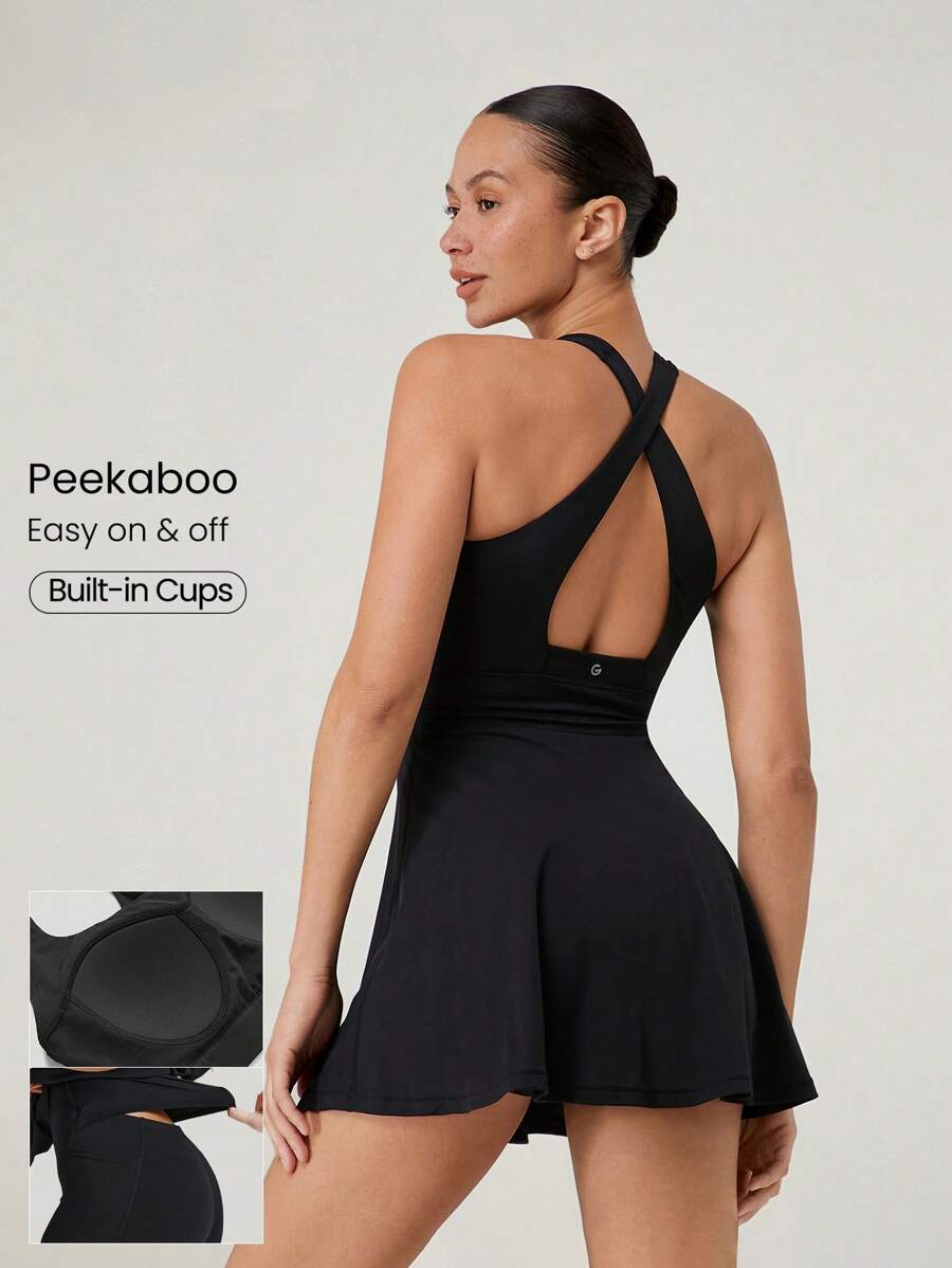 GLOWMODE Vestido con shorts incorporados, de efecto escotado, con tirantes cruzados, cintura con cordón y copas incorporadas FeatherFit™-Air, para uso casual, activo y de tenis de bajo impacto