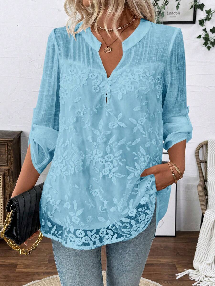 EMERY ROSE Camisa suelta de manga larga casual de gasa bordada - Celeste - Ver 1