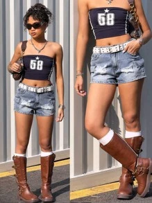SHEIN Quần short denim rách màu xanh dáng ôm dành cho nữ tuổi teen phong cách Y2K, trang phục thường ngày mùa xuân hè, phong cách boho năng động, nhiều túi hộp, cá tính đường phố, trang phục lễ hội miền Tây. - Rửa nhẹ - Xem 1