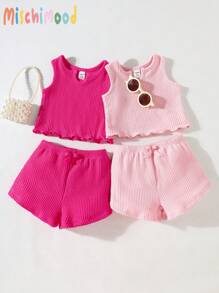 4pcs Baby Girls Hot Pink Summer Casual Vacation Plain Color Textured Set,Include Tank Top And Shorts,Toddlers Sleeveless Two Pieces Outfits - Multicolor - View 1
