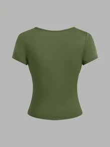 SHEIN EZwear 3 件套女士纯色缺口领褶皱 T 恤，简约时尚，适合夏季 - 軍綠色 - 查看 10