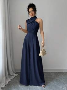 Firerie Jednokolorowy damski kombinezon z golfem, bez rękawów i szerokimi nogawkami - Granatowy - Zobacz 5