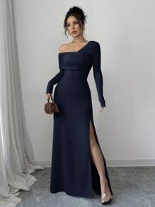 Siren Gaze 女士荷叶边腰单肩派对和节日连衣裙，长袖开衩紧身修身连衣裙，女士正装女士长袖连衣裙女士超长连衣裙女士蓝色连衣裙女士舞会礼服