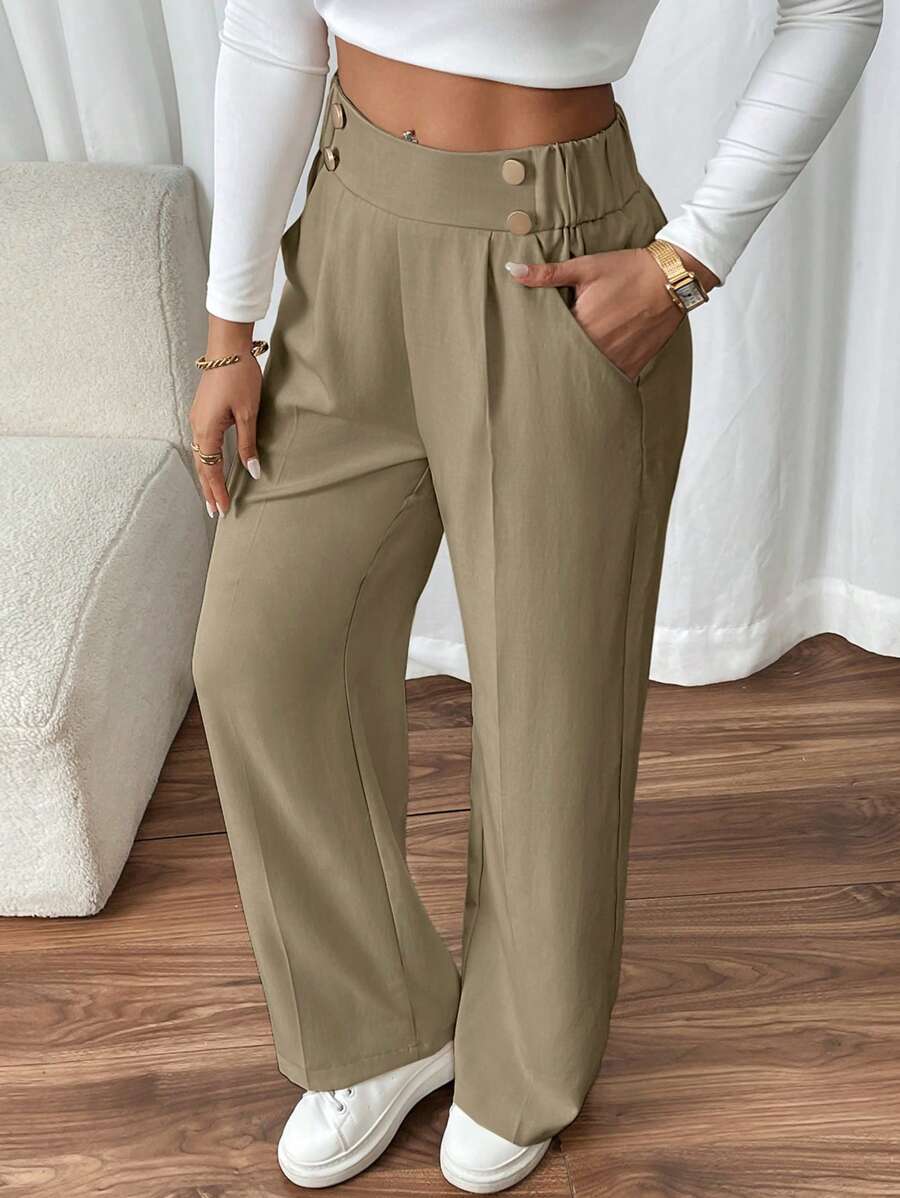SHEIN Frenchy Women's Elegant Double-Button Straight-Leg Pants, Suitable For Commuting
