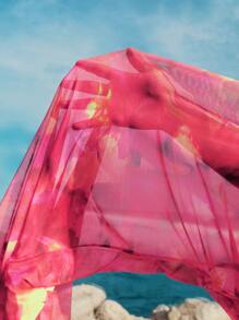 Opulessa Women's Vacation Tie-Dye Print Ruffle Hem Semi-Transparent Mesh  Backless Long Sleeve Dress,Country Concert Outfit - Hot Pink - View 7