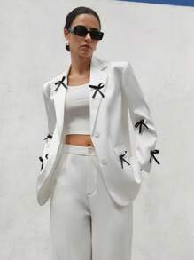 Aveloria Modichic Premium Thickened Double-Layer Satin Bow Decor Loose Solid Color Blazer Top Fall Cloth For Women - White - View 3